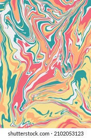 Flüssigkunsttextur. Abstrakter Hintergrund mit wirbelnder Farbwirkung. A4. Flüssiges Acrylbild, das fließt und spritzt. Mischfarben für Innenposter. Die Farben Grün, Gelb und Rot sind reich. A4