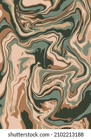 Fluid art texture. Abstract background with swirling paint effect.  Liquid acrylic picture that flows and splashes. Mixed paints for interior poster. Green, brown and beige iridescent colors.