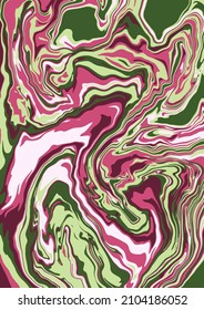 Fluid art texture. Abstract background with swirling paint effect. Liquid acrylic picture that flows and splashes. Mixed paints for interior poster. Green, pink and beige overflowing colors