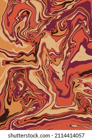 Fluid art texture. Abstract background with swirling paint effect.  Liquid acrylic picture that flows and splashes. Mixed paints for interior poster. Orange, yellow and brown iridescent colors. A4