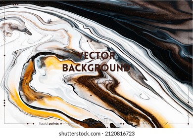 Fluid art texture. Abstract background with iridescent paint effect. Liquid acrylic picture that flows and splashes. Mixed paints for interior poster. Golden, black and white overflowing colors.