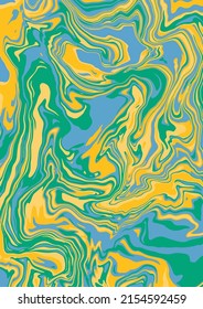 Fluid art texture. Abstract background with swirling paint effect. A4. Liquid acrylic picture that flows and splashes. Mixed paints for interior poster. Blue, yellow and green iridescent colors. A4