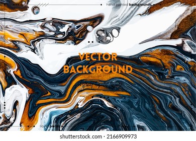 Fluid art texture. Abstract background with mixing paint effect. Liquid acrylic picture with flows and splashes. Mixed paints for interior poster. White, navy blue and golden overflowing colors.