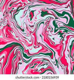 Fluid art texture. Abstract background with swirling paint effect.  Liquid acrylic picture that flows and splashes. Mixed paints for interior poster. Pink, green and red iridescent colors.