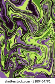 Fluid art texture. Abstract background with swirling paint effect.  Liquid acrylic picture that flows and splashes. Mixed paints for interior poster. Green and purple iridescent colors.