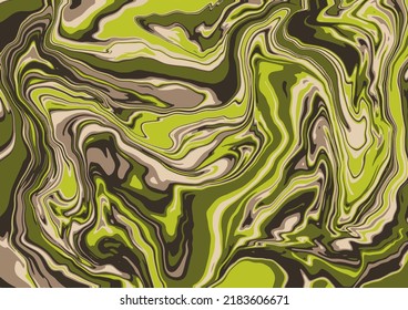 Fluid art texture. Abstract background with swirling paint effect.  Liquid acrylic picture that flows and splashes. Mixed paints for interior poster. Green, brown and beige iridescent colors.