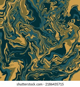 Fluid art texture. Abstract background with swirling paint effect.  Liquid acrylic picture that flows and splashes. Mixed paints for interior poster. Green, brown and blue iridescent colors.
