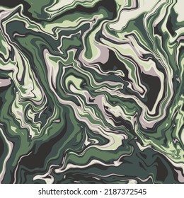 Fluid art texture. Abstract background with swirling paint effect.  Liquid acrylic picture that flows and splashes. Mixed paints for interior poster. Green, brown and gray iridescent colors.