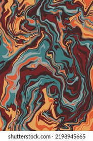Fluid art texture. Abstract background with swirling paint effect.  Liquid acrylic picture that flows and splashes. Mixed paints for interior poster. blue, orange and burgundy iridescent colors.