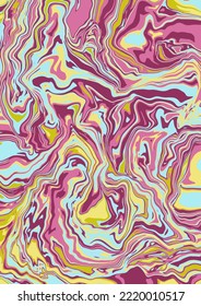 Fluid art texture. Abstract background with swirling paint effect.  Liquid acrylic picture that flows and splashes. Mixed paints for interior poster. Pink, yellow and blue iridescent colors.