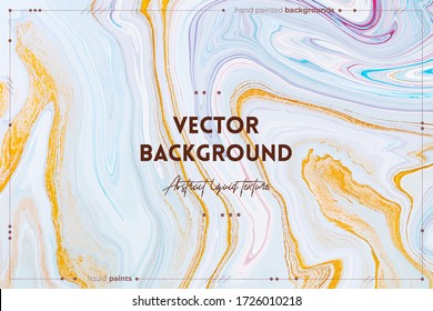 Fluid art texture. Backdrop with abstract mixing paint effect. Liquid acrylic picture that flows and splashes. Mixed paints for background or poster. White, blue and golden overflowing colors