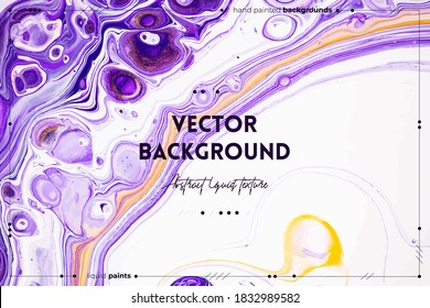 Fluid art texture. Backdrop with abstract swirling paint effect. Liquid acrylic picture with flows and splashes. Mixed paints for interior poster. Purple, white and golden overflowing colors.