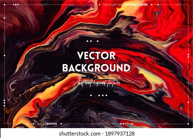 Fluid art texture. Backdrop with abstract swirling paint effect. Liquid acrylic artwork with flows and splashes. Mixed paints for website background. Red, brown, yellow and black overflowing colors.