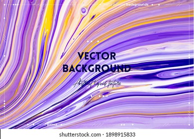 Textura de arte fluido. Fondo con efecto de pintura de mezcla abstracta. Imagen acrílica líquida que fluye y se desploma. Pintas mixtas para baner o papel pintado. Colores violetas, amarillos y blancos desbordantes.
