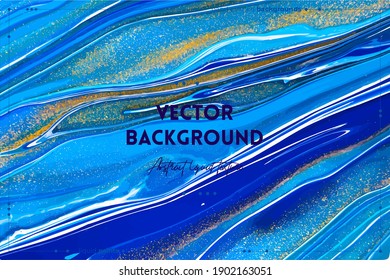 Fluid art texture. Backdrop with abstract swirling paint effect. Liquid acrylic artwork that flows and splashes. Mixed paints for interior poster. Navy blue, golden and azure overflowing colors.