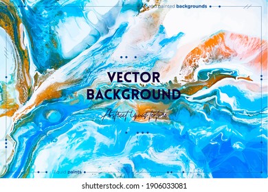 Fluid art texture. Backdrop with abstract iridescent paint effect. Liquid acrylic picture with beautiful mixed paints. Can be used for interior poster. Blue, golden and white overflowing colors.
