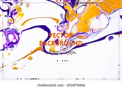 Fluid art texture. Backdrop with abstract iridescent paint effect. Liquid acrylic artwork with flows and splashes. Mixed paints for interior poster. Purple, white and golden overflowing colors.
