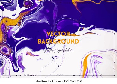 Fluid art texture. Backdrop with abstract mixing paint effect. Liquid acrylic picture with flows and splashes. Mixed paints for interior poster. Violet, white and golden overflowing colors.