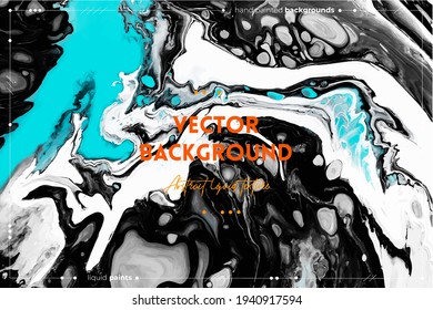 Fluid art texture. Backdrop with abstract swirling paint effect. Liquid acrylic artwork with flows and splashes. Mixed paints for baner or wallpaper. Black, white and blue overflowing colors.