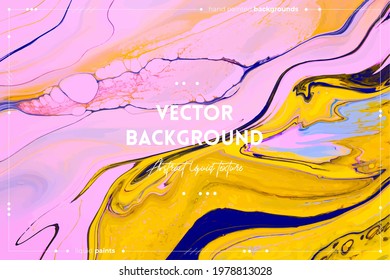 Fluid art texture. Backdrop with abstract mixing paint effect. Liquid acrylic artwork that flows and splashes. Mixed paints for interior poster. Yellow, blue and pink overflowing colors.