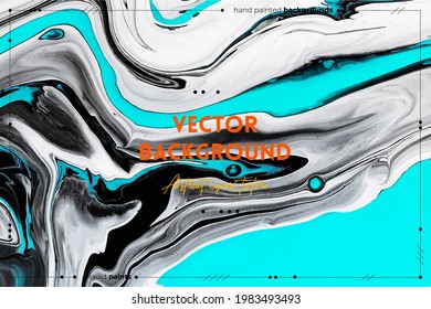 Fluid art texture. Backdrop with abstract swirling paint effect. Liquid acrylic artwork with flows and splashes. Mixed paints for baner or wallpaper. Black, white and aquamarine overflowing colors.