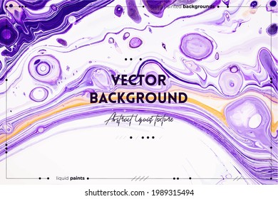 Fluid art texture. Backdrop with abstract swirling paint effect. Liquid acrylic picture with chaotic mixed paints. Can be used for posters or wallpapers. Purple, white and golden overflowing colors.