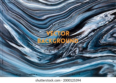 Fluid art texture. Backdrop with abstract swirling paint effect. Liquid acrylic picture with trendy mixed paints. Can be used for website background. Black, blue and white overflowing colors.