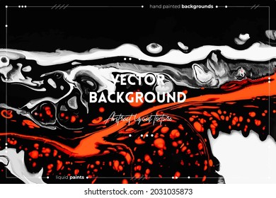 Fluid art texture. Backdrop with abstract swirling paint effect. Liquid acrylic artwork that flows and splashes. Mixed paints for interior poster. Orange, black and white overflowing colors.