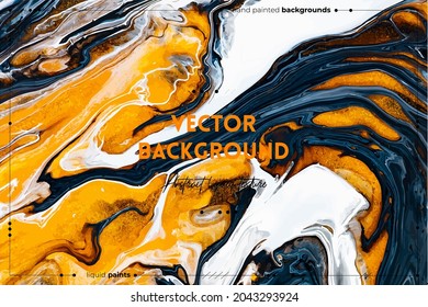 Fluid art texture. Backdrop with abstract swirling paint effect. Liquid acrylic artwork with flows and splashes. Mixed paints for baner or wallpaper. White, navy blue and golden overflowing colors.