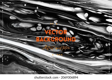 Fluid art texture. Backdrop with abstract swirling paint effect. Liquid acrylic artwork that flows and splashes. Mixed paints for interior poster. Black and white overflowing colors.