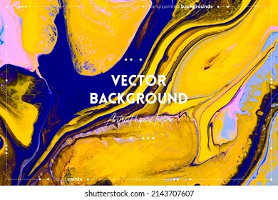 Textura de arte fluido. Fondo con efecto de pintura de mezcla abstracta. Imagen acrílica líquida con flujos y salpicaduras. Pintas mixtas para el fondo del sitio web. Colores amarillos, azules y rosados desbordantes.