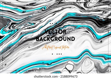 Fluid art texture. Backdrop with abstract swirling paint effect. Liquid acrylic picture that flows and splashes. Mixed paints for interior poster. Black, white and blue overflowing colors.