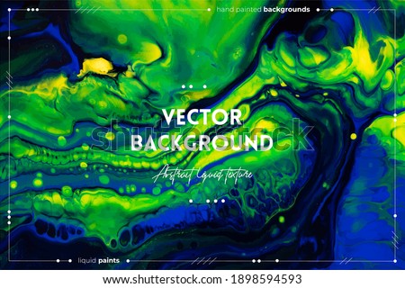 Fluid art texture. Backdrop with abstract mixing paint effect. Liquid acrylic artwork with flows and splashes. Mixed paints for baner or wallpaper. Green, blue and yellow overflowing colors.