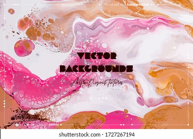 Fluid art texture. Background with abstract swirling paint effect. Liquid acrylic artwork with flows and splashes. Mixed paints for baner or wallpaper. Orange, pink and white overflowing colors