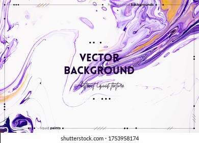 Fluid art texture. Background with abstract swirling paint effect. Liquid acrylic artwork with flows and splashes. Mixed paints for interior poster. Purple, white and golden overflowing colors