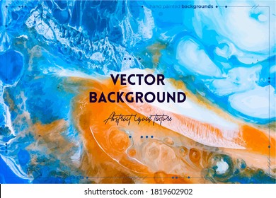 Fluid art texture. Background with abstract iridescent paint effect. Liquid acrylic artwork that flows and splashes. Mixed paints for posters or wallpapers. Blue, golden and white overflowing colors.