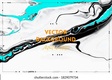 Fluid art texture. Background with abstract mixing paint effect. Liquid acrylic artwork with flows and splashes. Mixed paints for background or poster. Black, white and azure overflowing colors.