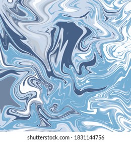 Fluid art texture. Background with abstract mixing paint effect. Liquid acrylic picture that flows and splashes. Mixed paints for interior poster. Blue, blue and gray overflowing colors. Vector EPS10.