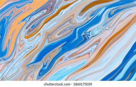 Fluid art texture. Background with abstract mixing paint effect. Liquid acrylic picture that flows and splashes. Mixed paints for interior poster. Blue, orange and azure overflowing colors