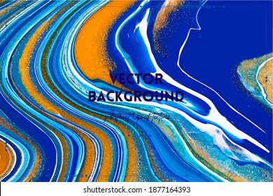 Fluid art texture. Background with abstract swirling paint effect. Liquid acrylic artwork that flows and splashes. Mixed paints for interior poster. Navy blue, golden and turquoise overflowing colors.