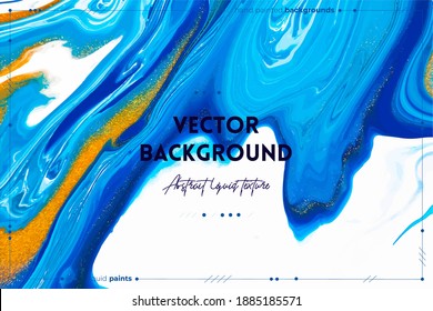 Textura de arte fluido. Fondo con efecto de pintura iridiscente abstracto. Imagen acrílica líquida que fluye y se desploma. Pintas mixtas para el fondo del sitio web. Los colores son azul, dorado y blanco.