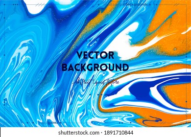 Flüssigkunsttextur. Hintergrund mit abstrakter, wirbelnder Farbwirkung. Flüssiges Acrylbild, das fließt und spritzt. Mischfarben für Bänder oder Tapeten. Die Farben Blau, Golden und Weiß überfließen.
