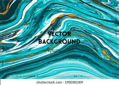 Fluid art texture. Background with abstract iridescent paint effect. Liquid acrylic artwork that flows and splashes. Mixed paints for interior poster. Turquoise, white and orange overflowing colors.