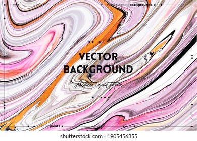 Fluid art texture. Background with abstract swirling paint effect. Liquid acrylic picture with flows and splashes. Mixed paints for interior poster. Pink, white and golden overflowing colors.