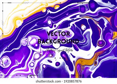 Textura de arte fluido. Fondo con efecto de pintura de mezcla abstracta. Obra de arte acrílico líquida que fluye y se desliza. Pintas mixtas para baner o papel pintado. Colores violetas, blancos y dorados.