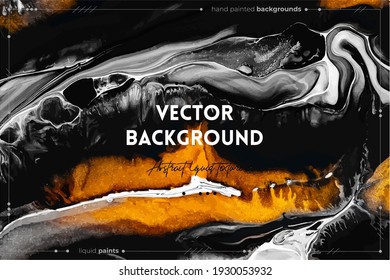 Fluid art texture. Background with abstract swirling paint effect. Liquid acrylic artwork with beautiful mixed paints. Can be used for interior poster. Golden, black and gray overflowing colors.
