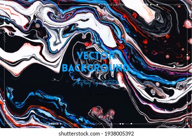 Fluid art texture. Background with abstract swirling paint effect. Liquid acrylic picture with beautiful mixed paints. Can be used for interior poster. Orange, black and blue overflowing colors.