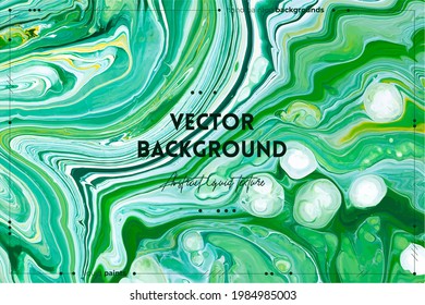 Flüssigkunsttextur. Hintergrund mit abstrakter, wirbelnder Farbwirkung. Flüssiges Acrylbild, das fließt und spritzt. Mischfarben für Innenposter. Die Farben Grün, Blau und Weiß überfließen.
