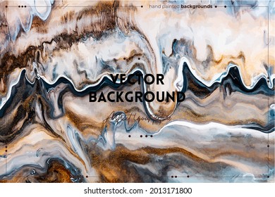 Fluid art texture. Background with abstract swirling paint effect. Liquid acrylic picture with flows and splashes. Mixed paints for website background. Brown, golden and navy blue overflowing colors.
