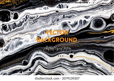 Fluid art texture. Background with abstract mixing paint effect. Liquid acrylic picture with flows and splashes. Mixed paints for website background. Golden, black and white overflowing colors.